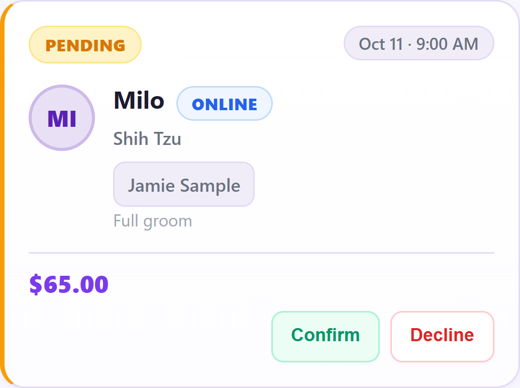 Milo’s Pending online request for October 11 at 9:00 AM, Full groom, $65, with Confirm and Decline controls.